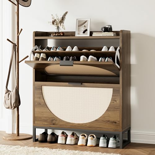 Flip Drawer Shoe Cabinet, Slim Narrow Entryway Storage Furniture with Hidden Flip-Open Organizer, Engineered Wood & Veneer Construction, Hallway Living Room Foyer, 2 Drawer, Oak - color: Oak, size: 2 Drawers