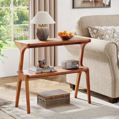 Tribesigns 2-Tier Solid Wood Side Table, Mid-Century Modern End Table with Storage Shelves, Tall Slim Side Table for Couch with Unique Legs, Long Bedside Table for Bedroom, Living Room, Cherry - color: Cherry