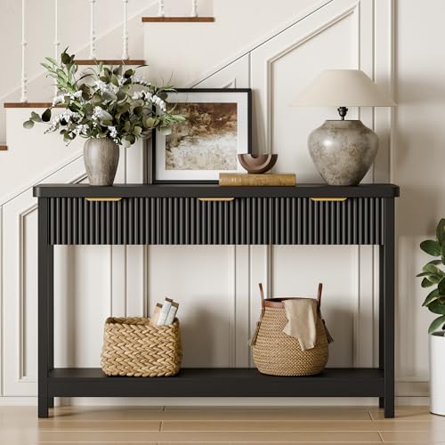 Fluted Console Table, 51 Inch Entryway Table with 3 Drawers | Scandi farmhouse look with quiet full-extension slides, open lower shelf, profile for hallway, entry, foyer or behind sofa. - color: Black