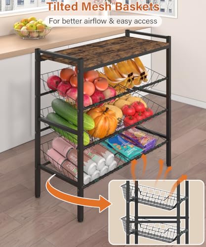 4-Tier Fruit and Vegetable Storage Rack with Wood Top & 6 Removable Baskets, Small Kitchen Island, Pantry Floor Organizer Stand Shelves for Onion Potato Snack Storage, Black - style: 6 Baskets-Black