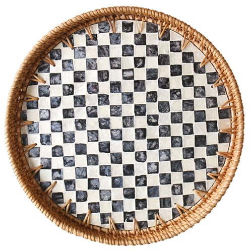 Round Rattan Tray with Mother of Pearl Inlay, Wooden Base | Coffee Table Serving Tray, Home Decorative Wicker Woven, for Outoor Patio Decor - color: Checkered