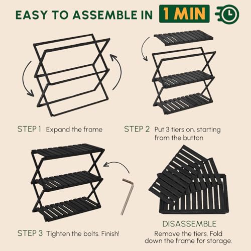 3-Tier Foldable Acacia Wood Ladder Plant Stand & Corner Rack Black | 4-tier indoor & outdoor wooden plant ladder, foldable corner design, tall plant rack, perfect for office, balcony & garden