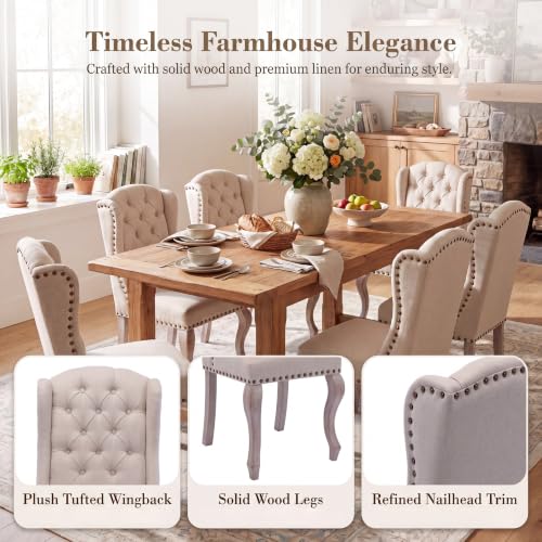 chairus Tufted Parsons Dining Chairs Set of 6, French Country Upholstered Dining Room Chairs with Nailhead Trim & Curved Wood Legs, Farmhouse High Back Armless Side Kitchen Chairs, Beige Linen - color: Beige