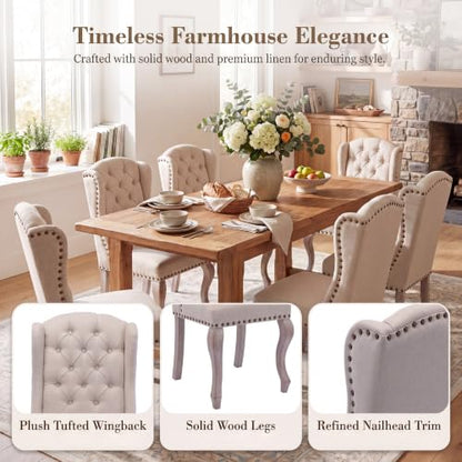 chairus Tufted Parsons Dining Chairs Set of 6, French Country Upholstered Dining Room Chairs with Nailhead Trim & Curved Wood Legs, Farmhouse High Back Armless Side Kitchen Chairs, Beige Linen - color: Beige