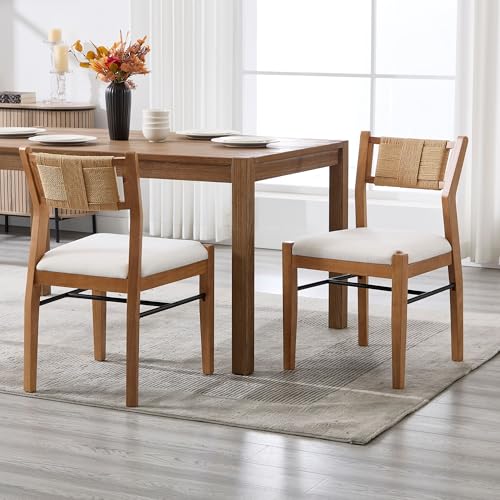 BESTANO Modern Armless Dining Chairs with Rope Woven Back Set of 2, Beige Linen Fabric Upholstered Kitchen & Dining Room Chairs, Mid-Century Classic Farmhouse Wooden Side Chair - color: Beige, size: 2 Chairs