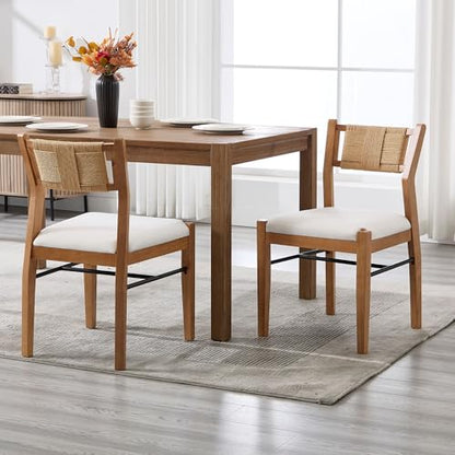 BESTANO Modern Armless Dining Chairs with Rope Woven Back Set of 2, Beige Linen Fabric Upholstered Kitchen & Dining Room Chairs, Mid-Century Classic Farmhouse Wooden Side Chair - color: Beige, size: 2 Chairs