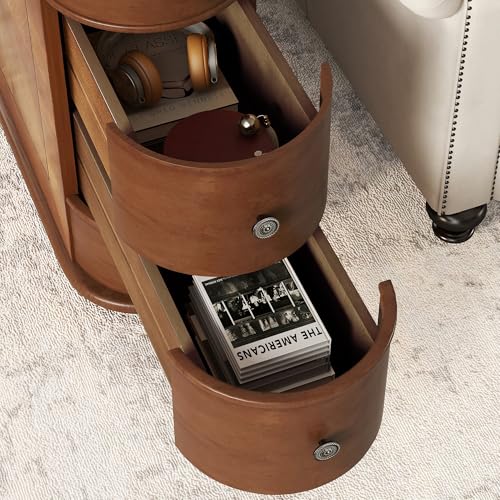 Multifunctional Classic End Table with Charging Station, Sofa Side Narrow Table Bedside Nightstand with Drawers, No Assembly Required - color: Walnut-6.26