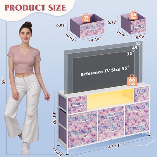 WLIVE Dresser TV Stand for 45, 50, 55 inch TV, Entertainment Center with LED Lights & Charging Station, Chest of Drawers with 8 Fabric Drawers for Living Room, Tie-dye Print (Pink, Purple, Blue) - color: Tie-dye Purple Print