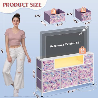 WLIVE Dresser TV Stand for 45, 50, 55 inch TV, Entertainment Center with LED Lights & Charging Station, Chest of Drawers with 8 Fabric Drawers for Living Room, Tie-dye Print (Pink, Purple, Blue) - color: Tie-dye Purple Print