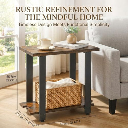 Transitional Narrow End Table, Rustic Brown | 2-Tier, Storage Shelves, Modern Farmhouse Industrial Nightstand, For Living Room, Bedroom, Small Spaces, Couch - color: Rustic Brown