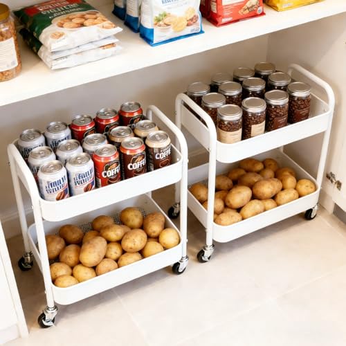 2 Pack Two Tier Rolling Cart with Wheels Small Pantry Floor Organizer Under Desk Storage Metal Short Utility Cart for Small Space, Kitchen Shelf Laundry Room Bathroom Organization, White - color: White, size: 2-tier 2pc