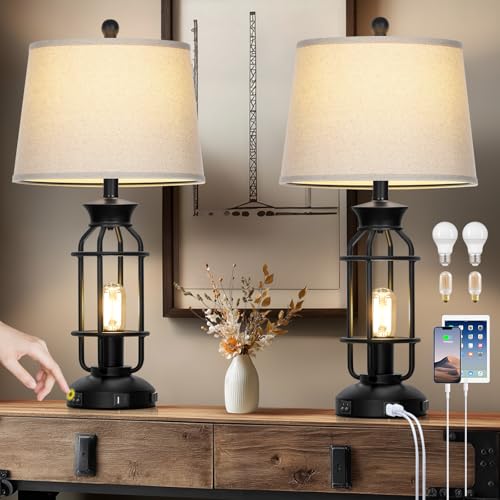 28" Vintage Table Lamps with USB C+A Ports & AC Outlet, Industrial Farmhouse Table Lamp Set of 2, Black Modern Nightstand Beside Lamps with 2 Night Light for Living Room Bedroom(4 LED Bulbs Included) - color: Black