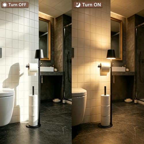 Black Toilet Paper Holder Stand with Storage, Free Standing Toilet Paper Holder for Bathroom, Toilet Paper Storage Stand with Wireless Lamp, Freestanding Toilet Paper Holder
