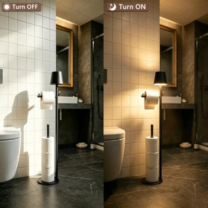 Black Toilet Paper Holder Stand with Storage, Free Standing Toilet Paper Holder for Bathroom, Toilet Paper Storage Stand with Wireless Lamp, Freestanding Toilet Paper Holder