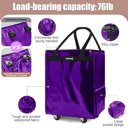 Reusable Grocery Bag Tote Bag with Wheels, Foldable Rolling Tote Bag with 3 Handles and Zipper - color: Purple, size: Medium