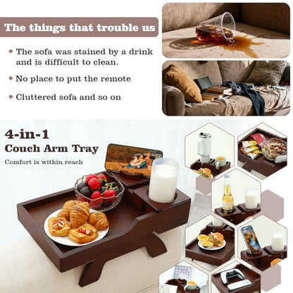 GHKINMAL Couch Cup Holder Tray, 15.4"x9.9" Large 4 in 1 Couch Armrest Table with 360°Rotated Phone Holder, Non-Slip Clip on Side Table for Drinks/Remote/Snacks, Ideal Gift for Husband, Wife, Parents - color: Walnut