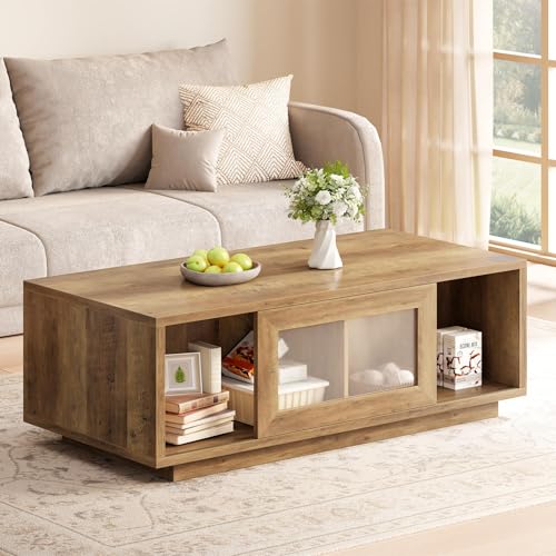 HSH Rustic Coffee Table for Living Room, 47 Inch Modern Wood Rectangle Coffee Tables with Sliding Door and Storage Open Shelf, Large Low Center Table for Home Decor, Rustic Oak - color: Rustic Oak
