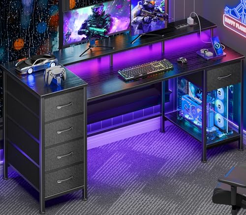 Korfile 55 Inch Computer Gaming Desk with Power Outlets LED Lights Reversible Home Office with Adjustable Fabric Storage Drawers for Working Writing Study, Black - color: Black, size: 55 Inch