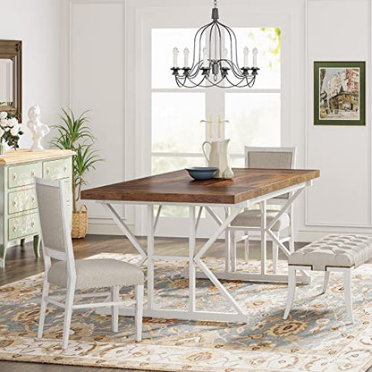 Tribesigns Farmhouse Dining Table for 6 People, 70.8-Inch Rectangular Wood Dining Table, Rustic Kitchen Table with Heavy Duty Metal Legs for Dining Room (Brown/White) - color: Brown/White