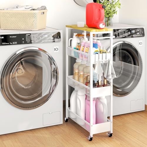 Vincona 7.1" Wide Slim Storage Cart on Wheels, 4 Tier Metal Narrow Rolling Cart with Handle and Wood Top, Multifunctional Small Mobile Shelf Unit Organizer Trolley for Laundry, Bathroom, Kitchen - color: White, size: 7.1" wide