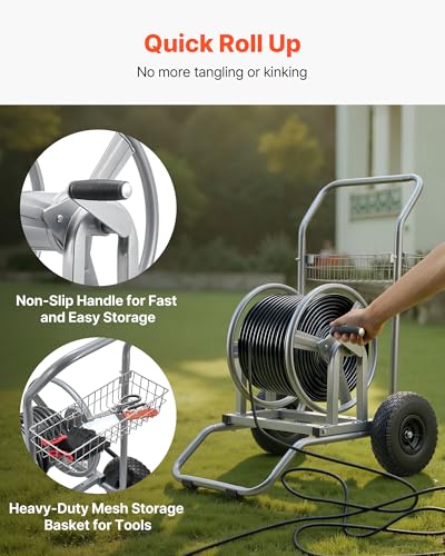 VEVOR Hose Reel Cart, 200/300ft High-Pressure Garden Hose Cart, Hoses Reel Carts with Two Wheels, Handle & Heavy-Duty Mesh Storage Basket, Dual-Purpose Portable Hoses Reels for Garden, Car, Pet - style: 2 in 1 - 200 ft