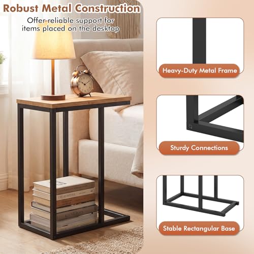 Giantex C-Shaped End Table, Set of 2 Small Sofa Couch Side Table that Slide Under with Metal Frame & Spacious Tabletop, Bedside Laptop TV Tray for Living Room Bedroom Small Spaces (Natural) - color: Natural