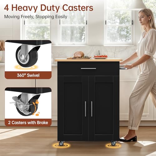 Mobile Kitchen Island on Wheels, Large Drawer, Black | On Wheels, Large Drawer, Adjustable Shelf, Towel Rack, Rolling Island Table,for Kitchen & Dining Room - size: Small Kitchen Island, style: Modern Black