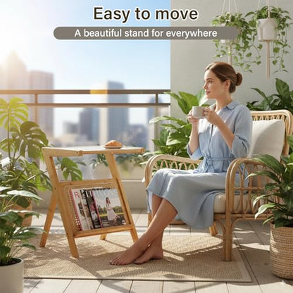 Tiita Rattan Side Table, Mid Century Nightstand, Bamboo Accent Bedside Tables, Glass Coffee Tables, Boho Wooden End Table with Storage for Small Space, Living Room and Bedroom - color: Rattan-s-wood