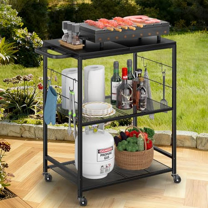 DAOUTIME Grill Cart for Outside, 3-Tier BBQ Food Prep Rolling Table Cart, with 23.62" Lx 15.75" W Rust-Resistant Tabletop, Outdoor Pizza Oven Table Ideal for Patio Backyard Kitchen Tools Room