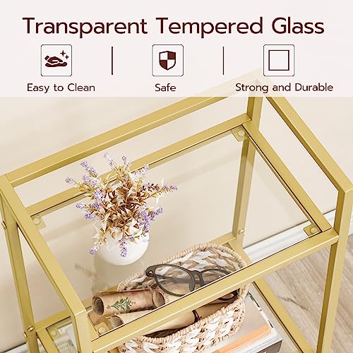 HOOBRO Gold Glass Shelf Stand, 3 Tier Standing Shelf Unit, Bathroom Organizer and Storage, Floor Storage Shelves Waterproof, for Bathroom, Laundry, Toilet, Tempered Glass, Gold GD77CJ01 - size: 15" L x 11.8" W x 30.3" H