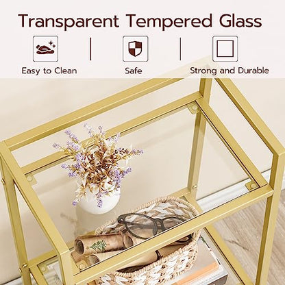 HOOBRO Gold Glass Shelf Stand, 3 Tier Standing Shelf Unit, Bathroom Organizer and Storage, Floor Storage Shelves Waterproof, for Bathroom, Laundry, Toilet, Tempered Glass, Gold GD77CJ01 - size: 15" L x 11.8" W x 30.3" H