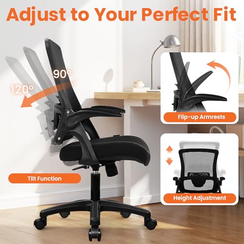 NEO CHAIR Office Desk Gaming Chair Computer High Back Mesh Seat with Rolling Wheels Ergonomic Adjustable Comfy Flip-up Armrests Lumbar Support Height for Home (Black) - color: Black