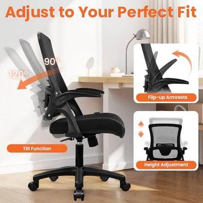 NEO CHAIR Office Desk Gaming Chair Computer High Back Mesh Seat with Rolling Wheels Ergonomic Adjustable Comfy Flip-up Armrests Lumbar Support Height for Home (Black) - color: Black