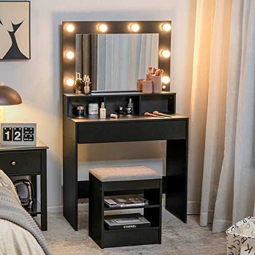 CHARMAID Vanity Table Set with Lighted Mirror, 8 Bulbs, Large Drawer, Tabletop Storage Shelf, Modern Bedroom Vanity Desk Makeup Dressing Table with Cushioned Stool for Girls Women, Black - color: Black, size: 31.5"W