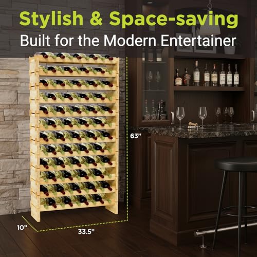 NutriChef 108 Bottle Stackable Modular Wine Rack, Upgraded 1” Thick Sideboard, .5” Rack Sticks, Sturdy Wobble Free Natural Bamboo Construction, Protective Moisture Resistant Finish, 33.5" x 10" x 63" - size: 108 Bottle