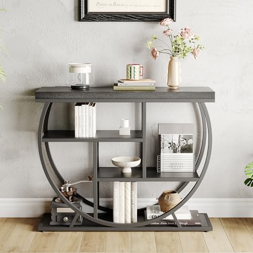 Garvee Entryway Table with Storage, Industrial 4-Tier Narrow Console Table Behind Couch with Half-Circle Base & Storage Shelves for Living Room, Hallway, Foyer - color: Black