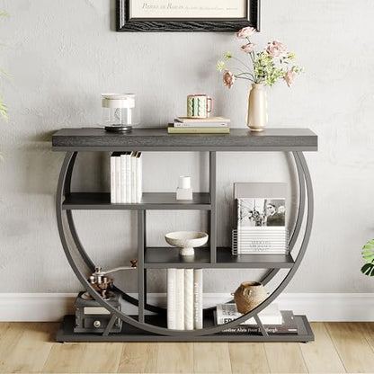 Garvee Entryway Table with Storage, Industrial 4-Tier Narrow Console Table Behind Couch with Half-Circle Base & Storage Shelves for Living Room, Hallway, Foyer - color: Black