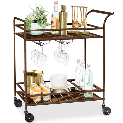 Best Choice Products Rolling Bar Cart, Mobile Home Bar Serving Cart, Serving Station w/ 2 Tier Shelves, Wine Rack, Lockable Wheels - Brown - color: Brown