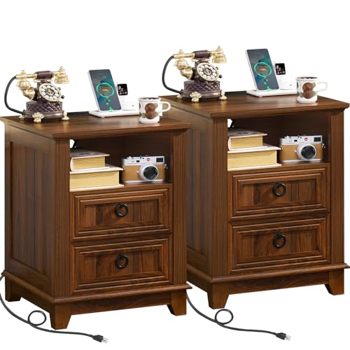 Joaxswe 18" Farmhouse Night Stands Set of 2 with Charging Station, 2 Drawers End Table Dresser for Bedroom, Brown Wooden Nightstand, Bed Side Table with Open Shelf, Bedside Cabinet for Living Room - color: Brown Set 2, size: 2 Drawers