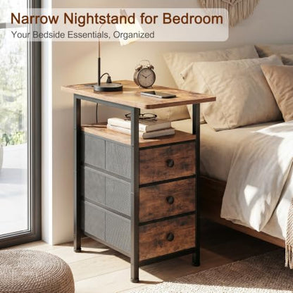 AMHANCIBLE End Tables Living Room with Charging Station, Narrow Side Table with USB Ports and Outlets, Slim Nightstand with 3 Fabric Drawers for Bedroom, Small Space, Rustic Brown, HETN013BR-1 - color: Brown, style: Power