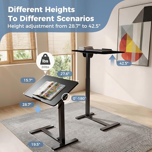 DUMOS Standing Desk with Wheels, Computer Cart, Rolling Table | Height Adjustable, Pneumatic Lift, Portable Workstation, Bed Sofa Hospital, Office Use, Black