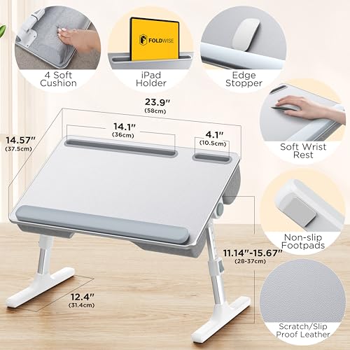 FoldWise 2-in-1 Lap & Bed Desk with Soft Cushions - Adjustable Height & Angle, Foldable Laptop Stand for Bed & Couch - Wrist Rest, iPad Holder, Stopper & Non-Slip Leather - Bed Table for Adults & Kids - color: Gray