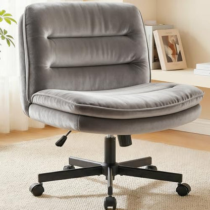 COMHOMA Criss Cross Office Chair with Wheels Armless Desk Chair Comfy, Modern Vanity Chair for Home Bedroom, Comfortable Wide Seat for Lower Back Pain Relief, Soft Velvet, Gray - color: Moon-gray Velvet