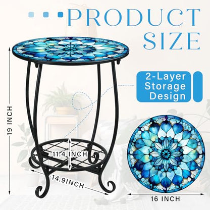 Cinnvoice Outdoor Side Table Round Small Mosaic Patio Accent Indoor End Plant Coffee Tea Table for Yard Patio Porch Garden Living Room, Bedroom(Mandala Style,16 Inch) - size: 16 Inch, style: Mandala Style