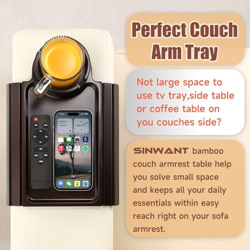 Couch Cup Holder Tray, 2 in 1 Bamboo Couch Armrest Table Clip on Sofa Armrest Table,Foldable Anti Silp Arm Rest Side Tray for Drink Coffee Mug, Snacks, Remote - color: Black Walnut