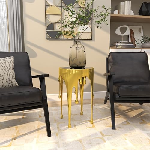 Deco 79 Aluminum Metal Abstract Side Table 16" x 16" x 25", Gold | Accent table, drip end table with melting designed legs and black glass top, unique end table, living room decor - color: Gold
