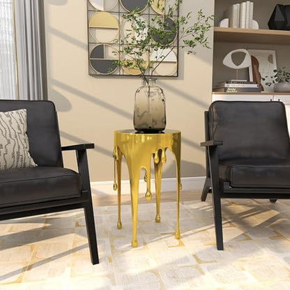 Deco 79 Aluminum Metal Abstract Side Table 16" x 16" x 25", Gold | Accent table, drip end table with melting designed legs and black glass top, unique end table, living room decor - color: Gold