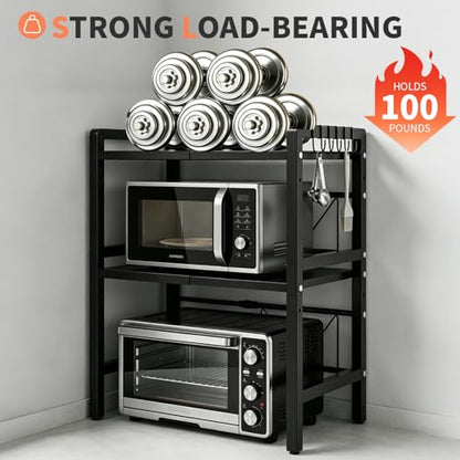 Microwave Oven Rack, Heavy Duty 3-Tier Adjustable Shelf Microwave Stand, Expandable Kitchen Countertop Shelf Organizer with 6 Hooks, 100lbs Weight Capacity for kitchen organizers and storage, Black - size: Adjustable 3 Tier