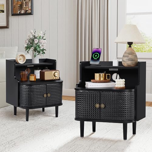 Storage End Table with 2 Door Set of 2, Bed Side Table with Charging Station, Metal Rattan Nightstand for Bedroom, Desk Side Table for Living Room Couch Sofa, Office, Small Spaces - Black - size: Door Black-set