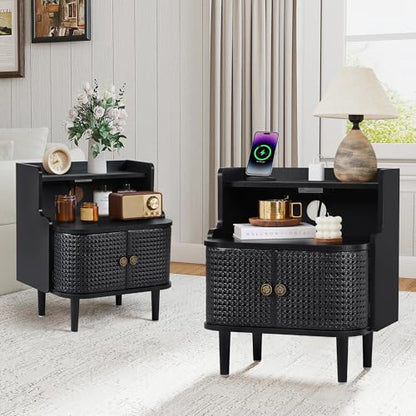 Storage End Table with 2 Door Set of 2, Bed Side Table with Charging Station, Metal Rattan Nightstand for Bedroom, Desk Side Table for Living Room Couch Sofa, Office, Small Spaces - Black - size: Door Black-set